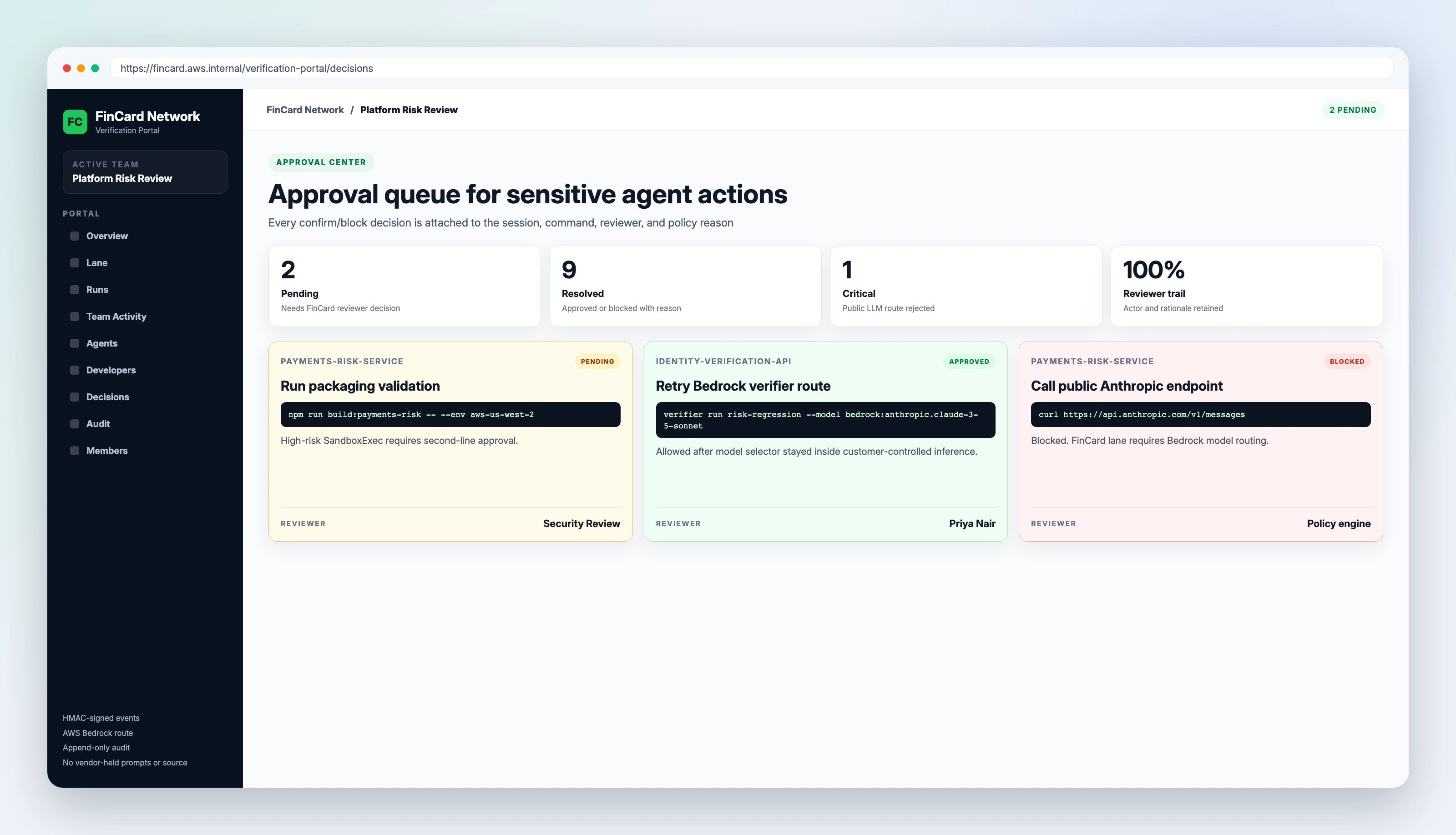 Verification portal approvals queue with reviewer rationale and audit trail.
