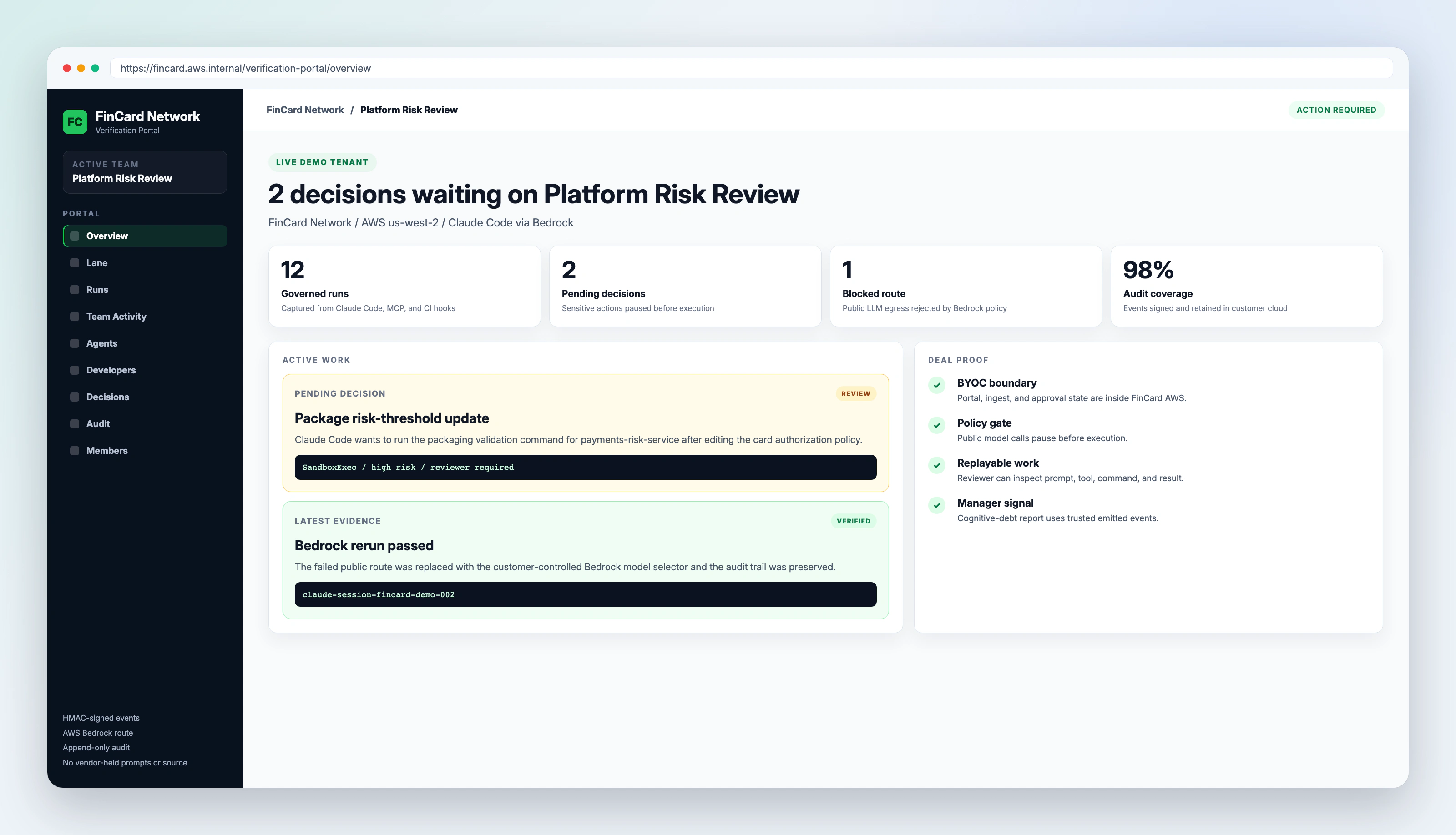 FinCard Network verification portal overview showing run health and pending decisions.
