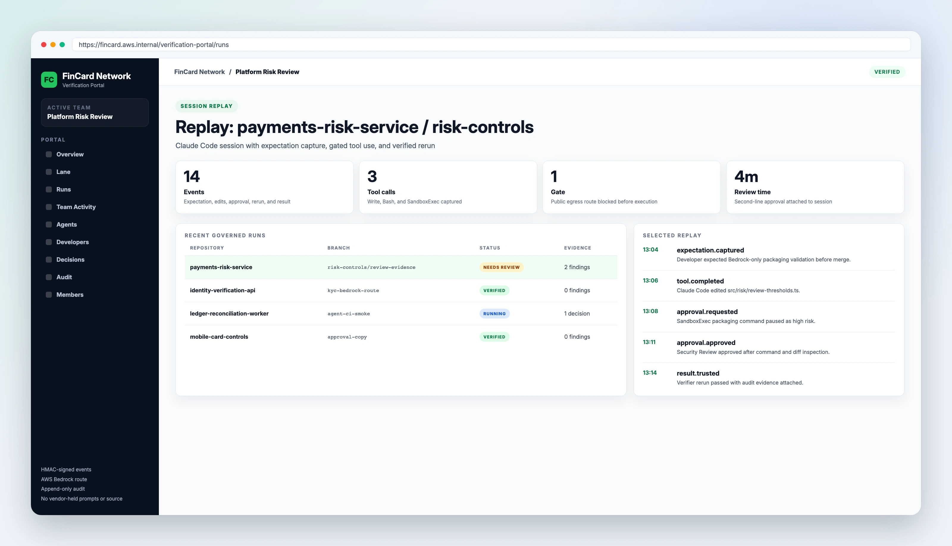 FinCard Network verification portal sessions view showing agent run status.
